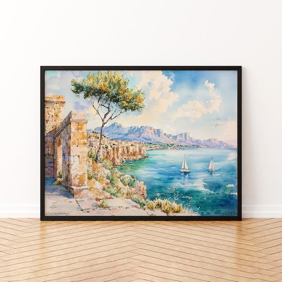 Rhodes Greece Watercolor Poster Cliffside Castle Town Sailboats Sea