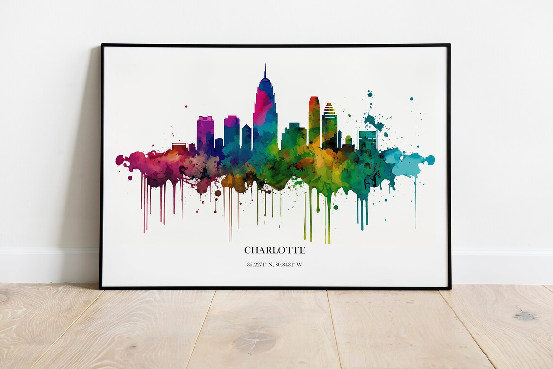 Charlotte Watercolor Skyline Art Print, Cityscape