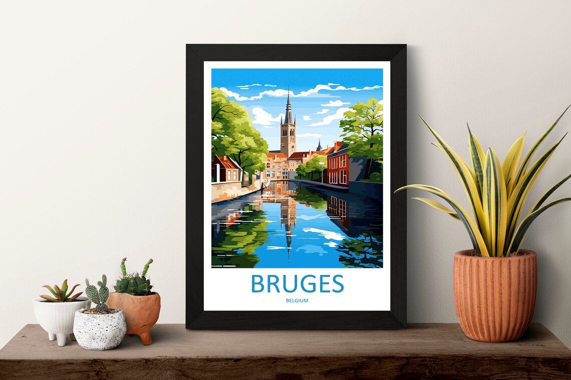 Bruges Belgium Canal Church Spire Reflections City Travel Poster - Image 3