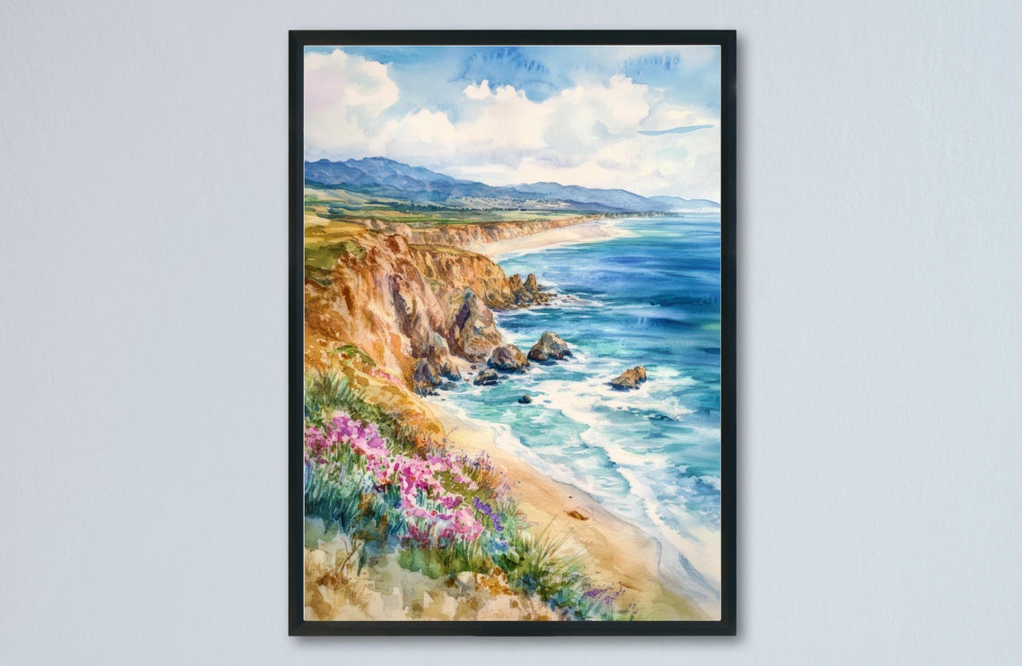 Pismo Beach California Cliffs Sandy Shore Wildflowers Ocean Poster