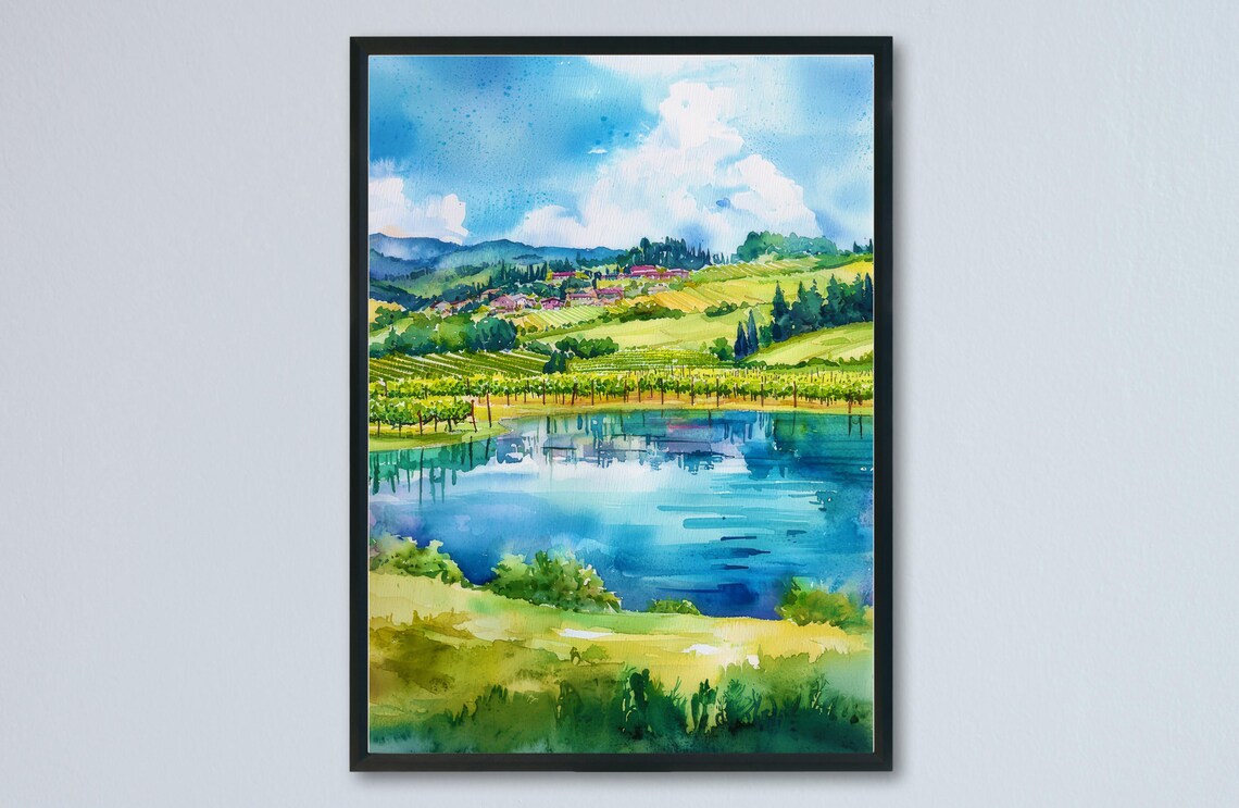 Finger Lakes Vineyard Shores Watercolor New York Wine Country Poster