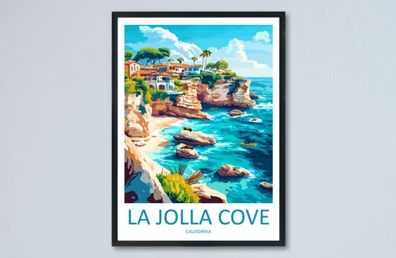 La Jolla Cove Travel Poster Wall Art Coastal View Print Ocean Cliff Illustration San Diego Decor Gift Souvenir