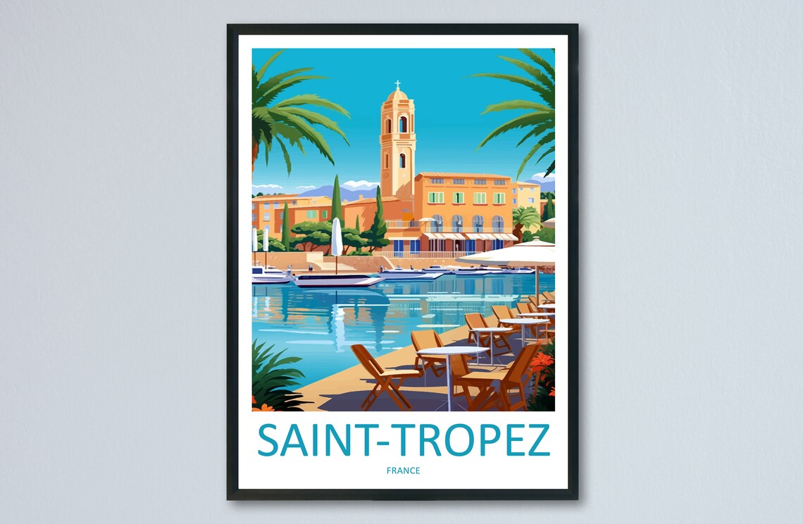 Saint-Tropez France Harbor Café Minimalist Travel Poster Riviera