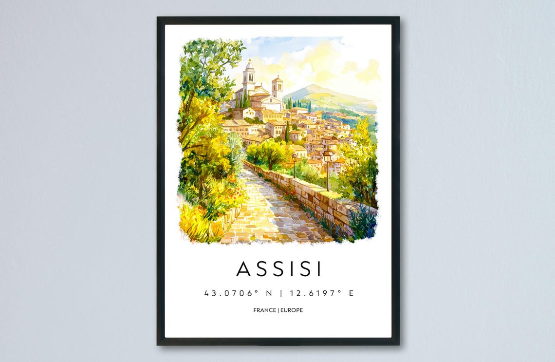 Assisi Watercolor Travel Poster Hilltop Town With Basilica View