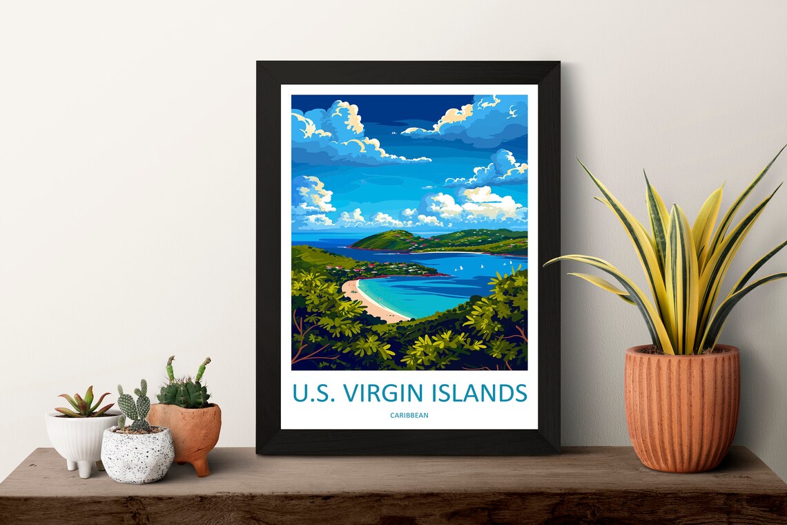 US Virgin Islands Caribbean Turquoise Bay Illustrated Travel Poster - Image 3
