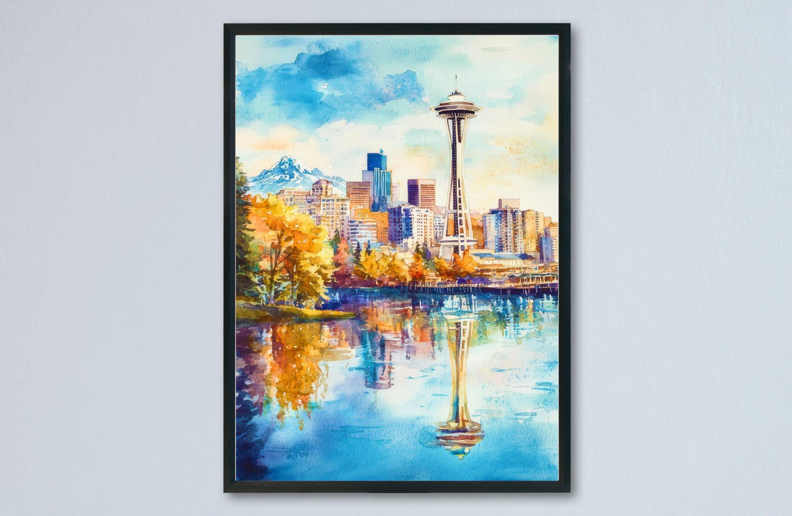Seattle Space Needle Rainier Lake Reflection Watercolor Poster