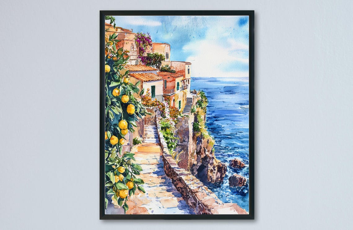 Amalfi Coast Cliffside Village Lemon Trees Watercolor Italy Poster