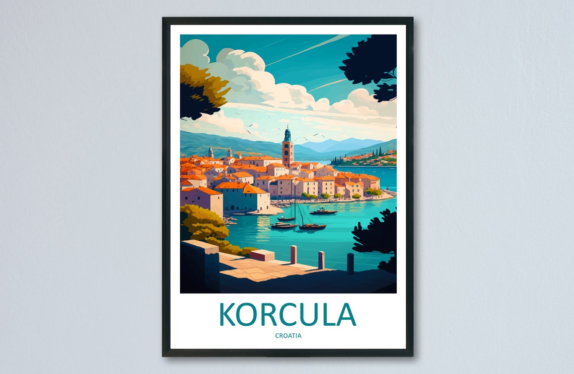 Korcula Croatia Old Town Bay Bell Tower Harbor Travel Poster