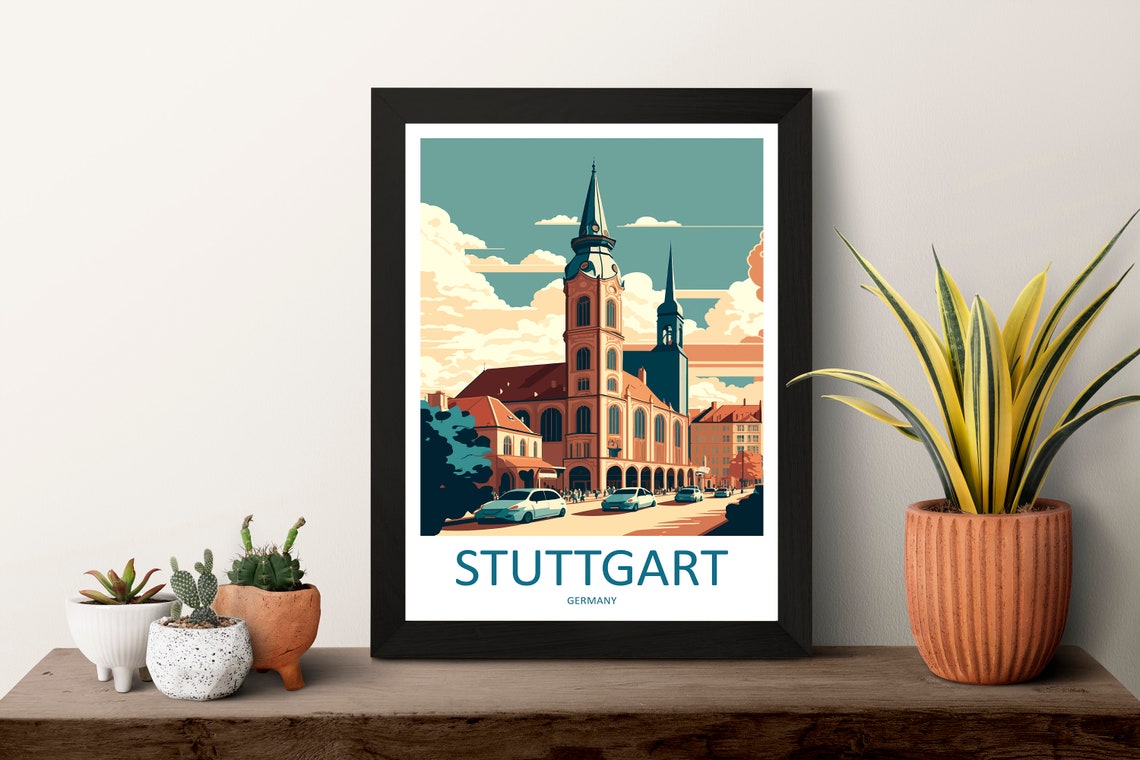 Stuttgart Germany Old Town Church Retro Travel Illustration Poster - Image 3