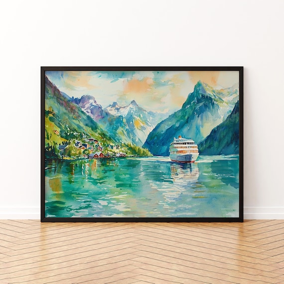 Norway Fjords Cruise Ship Mountains Emerald Water Watercolor Poster