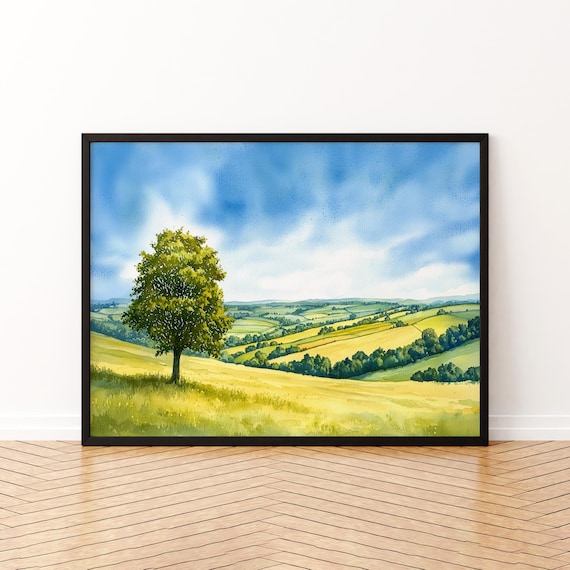 Chiltern Hills England Watercolor Poster Rolling Countryside Landscape Decor