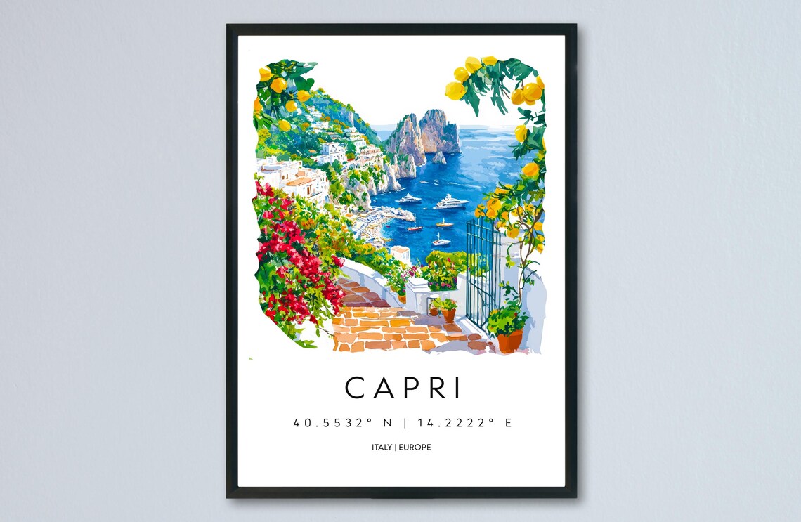 Capri Lemons Boats and Italian Coast Watercolor Travel Poster