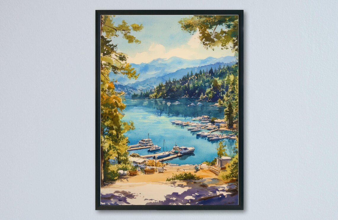 Lake Arrowhead Mountain Marina Pine Forest Watercolor Art Poster