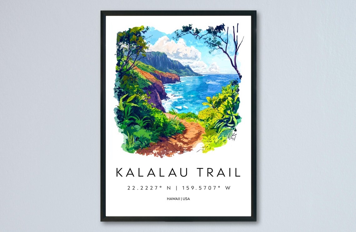 Kalalau Trail Hawaii Jungle Hiking Path Watercolor Travel Poster