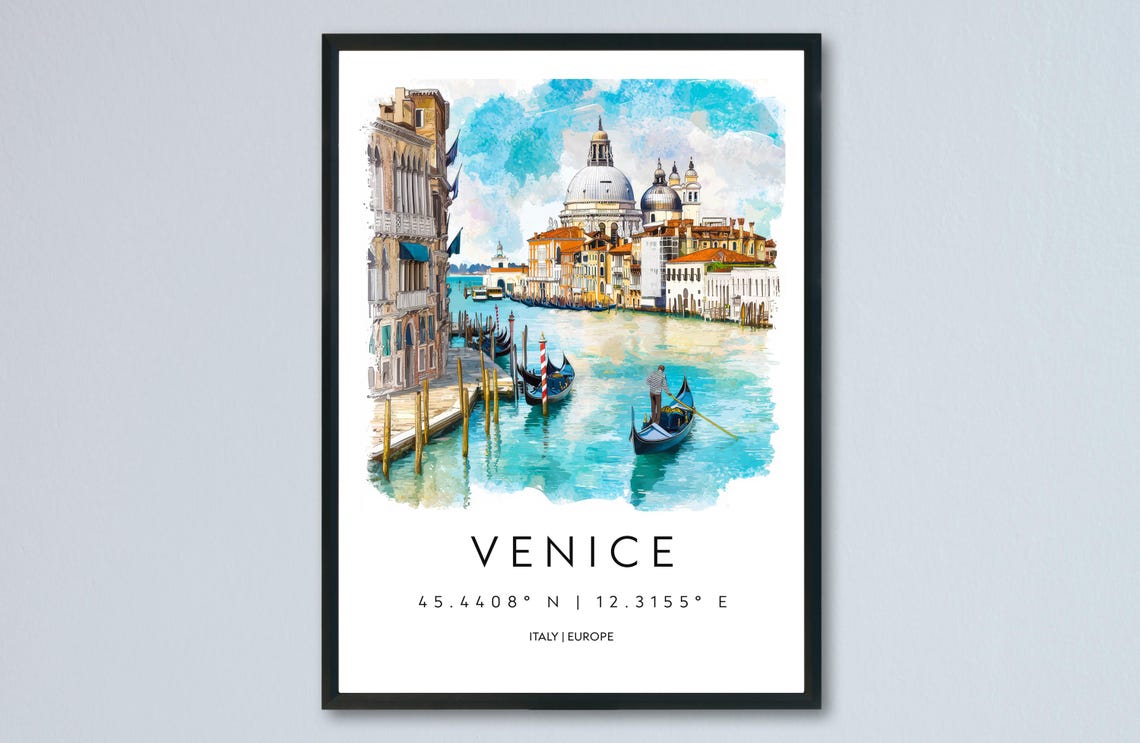 Venice Grand Canal Gondola Basilica Watercolor Travel Poster
