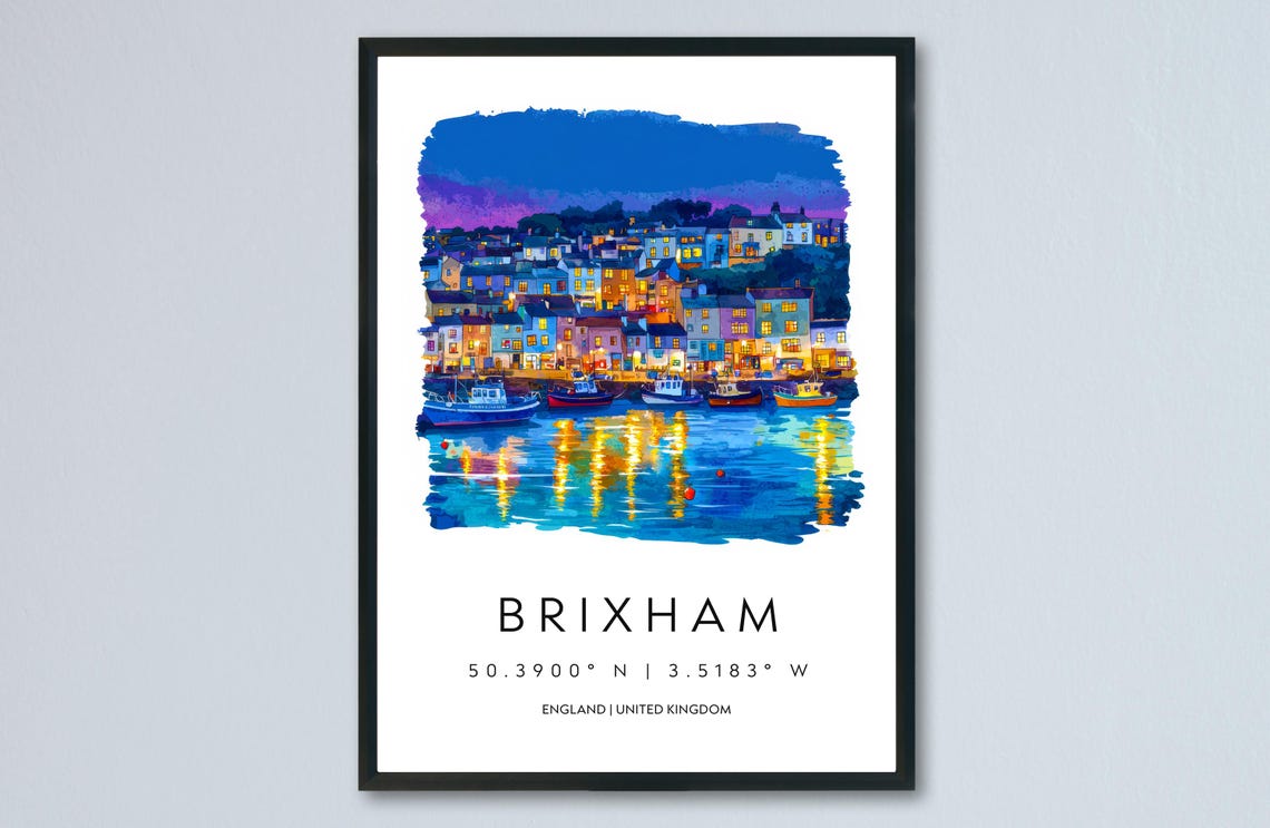 Brixham Devon Night Harbor Lights Fishing Boats Watercolor Art Poster