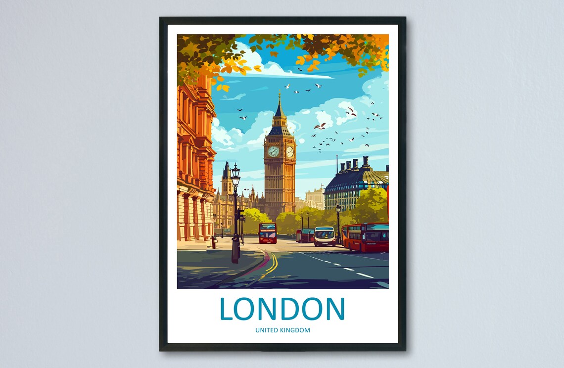 London England Big Ben Elizabeth Tower Street Vintage Poster