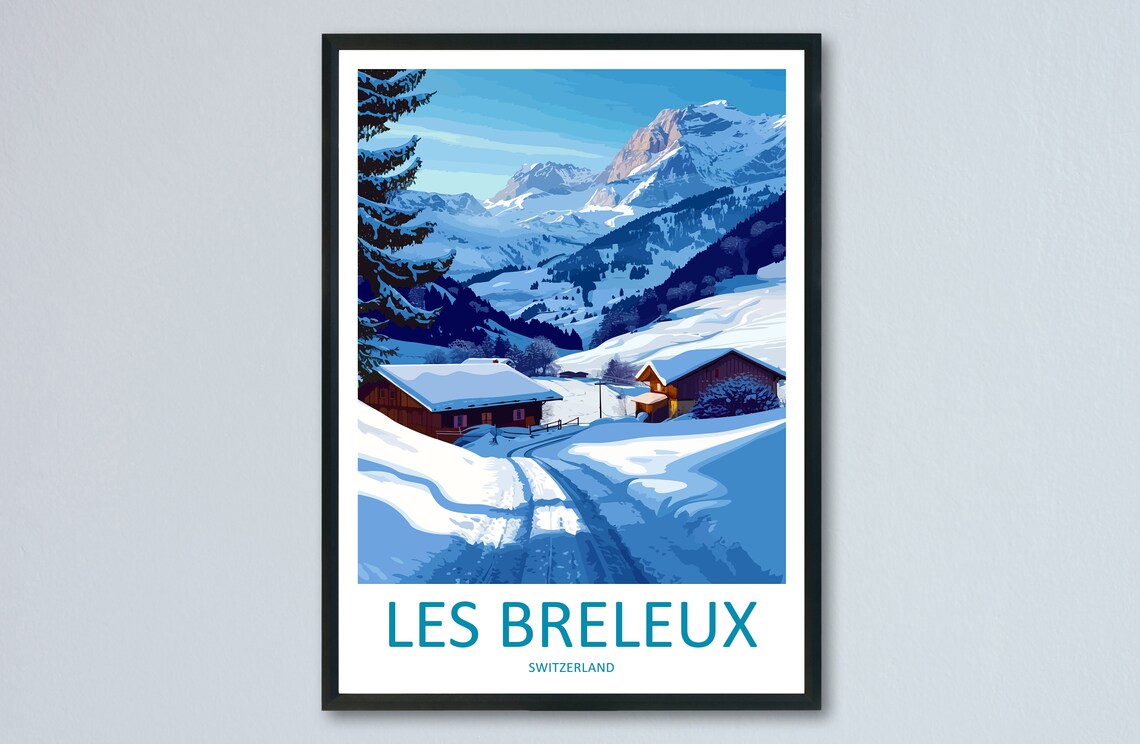 Les Breleux Switzerland Snowy Alpine Chalets Winter Scene Poster