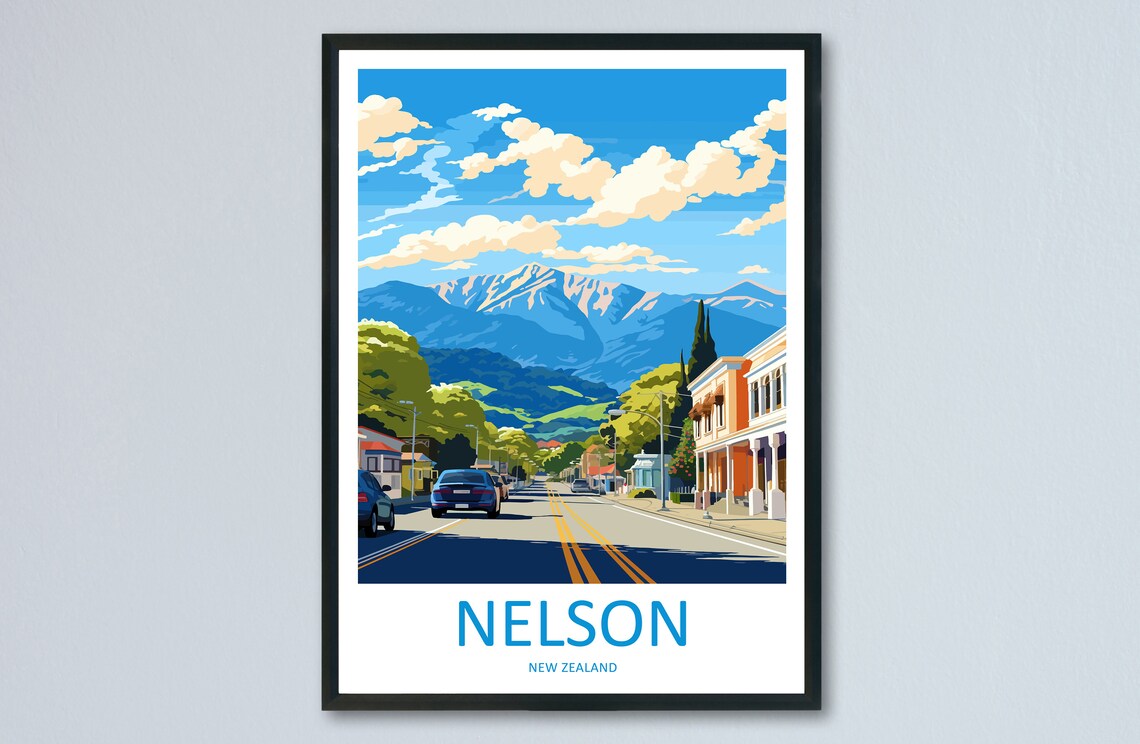 Nelson New Zealand Mountain Street View Bright Modern Travel Poster
