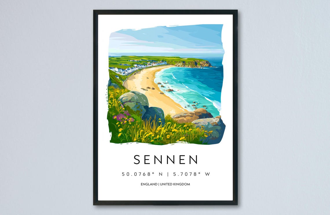 Sennen England Sandy Cove Cliffs Watercolor Beach Travel Poster