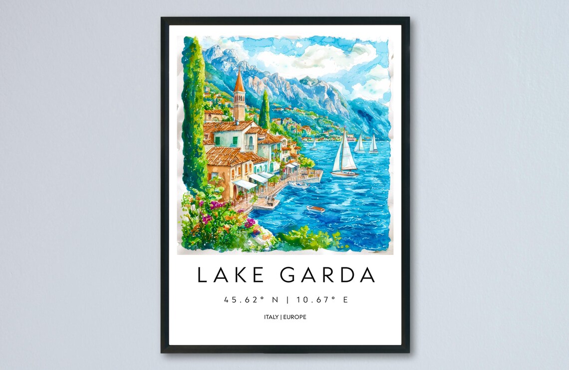 Lake Garda Italy Sailboats Lakeside Village Watercolor Travel Poster