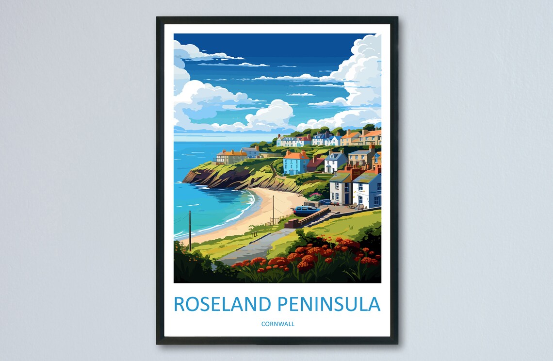 Roseland Peninsula Cornwall Fishing Village Vintage Travel Poster