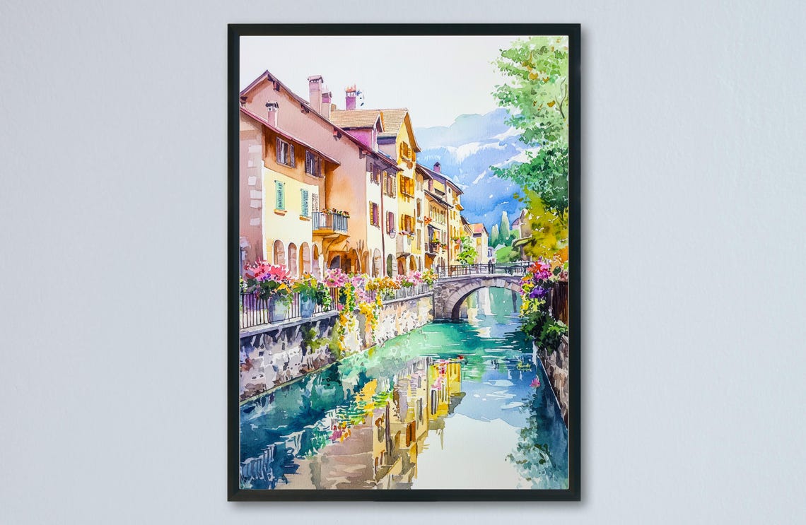 Annecy Watercolor Poster Travel Print France Wall Art French Alps Decor Lake Scene Canal City Landscape Architecture