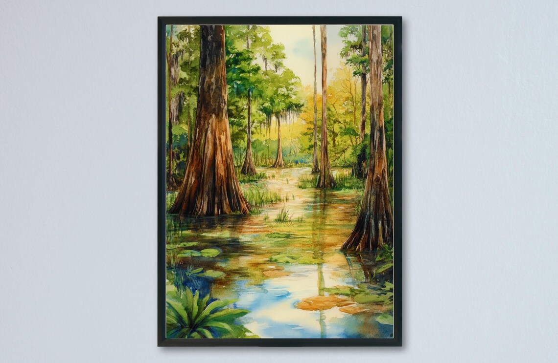 Towering Cypress Swamp Wetland Lily Pads Watercolor Nature Poster