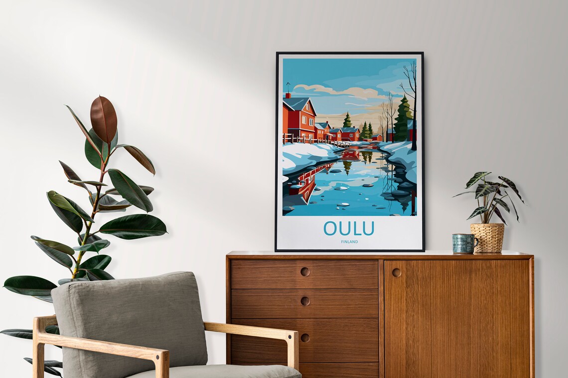 Oulu Finland Winter Snow Red Wooden Houses Vintage Travel Poster - Image 2