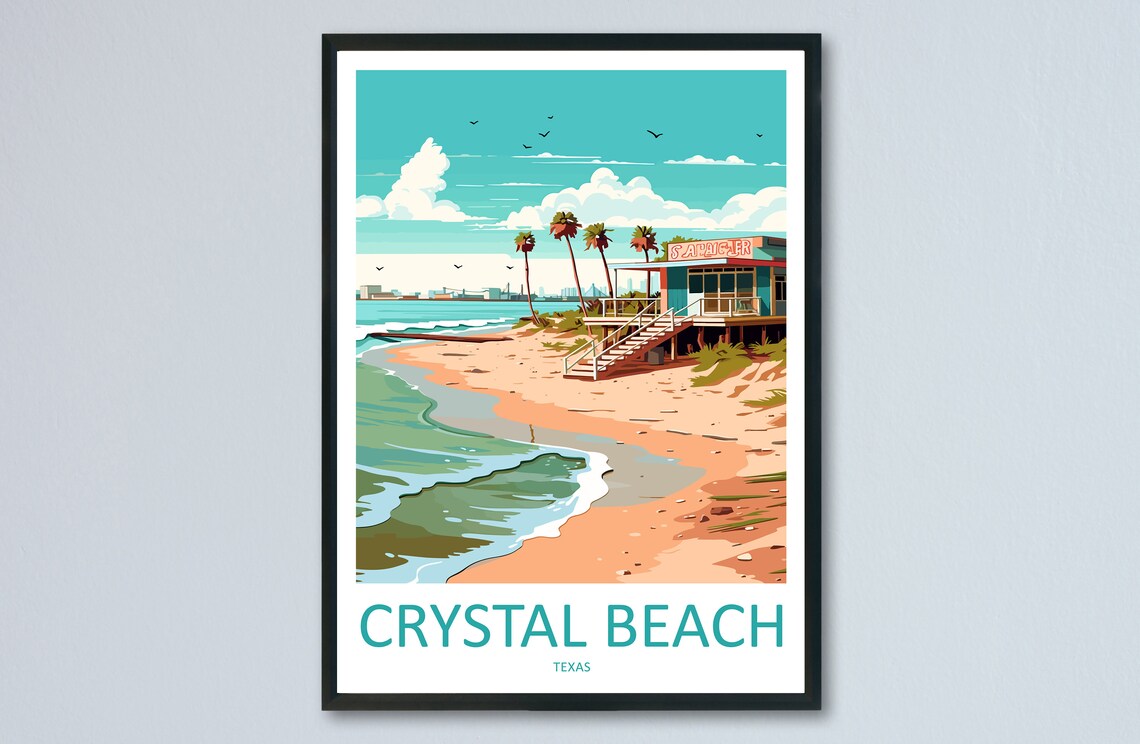 Crystal Beach Texas Seaside Stilt House Illustrated Travel Poster