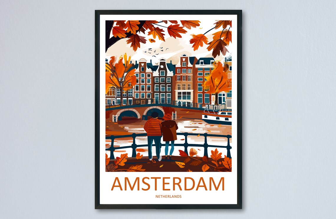 Amsterdam Netherlands Canal Couple Autumn Minimalist Travel Poster