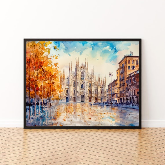 Milan Cathedral Duomo Autumn Watercolor Italian Cityscape Poster