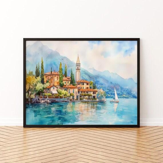 Lake Como Italian Village Watercolor Bell Tower Lakeside Poster