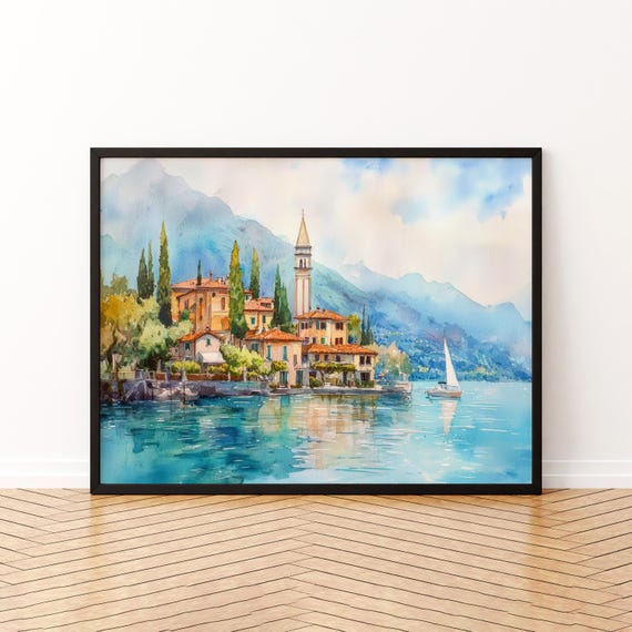 Lake Como Watercolor Poster Landscape Wall Art Hanging Home Dcor Gift Lovers Italy