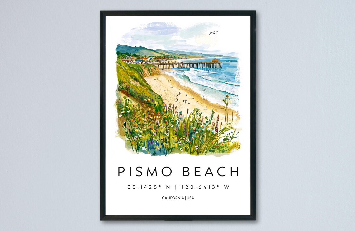 Pismo Beach Watercolor Travel Poster, Ocean Painting