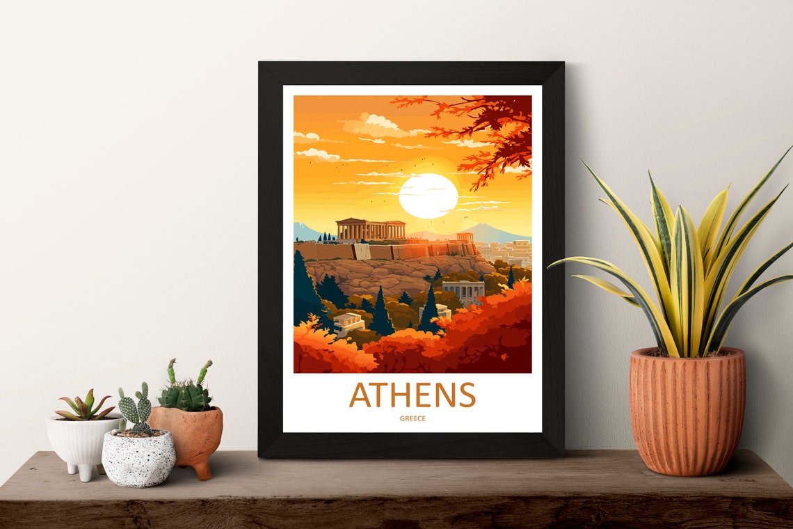 Athens Acropolis Sunset Orange Sky Illustration Travel Poster - Image 3
