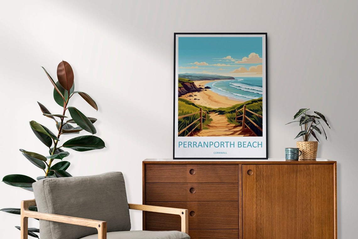 Perranporth Beach Cornwall Sandy Cove Steps Sunny Summer Travel Poster - Image 2