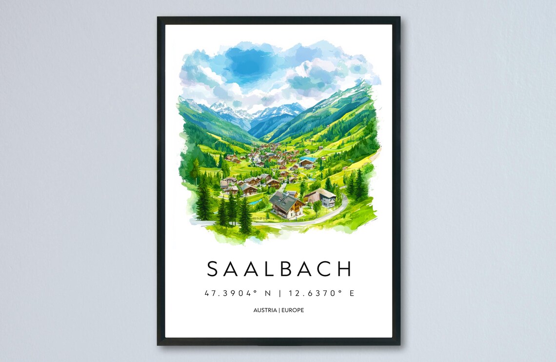 Saalbach Austria Alpine Village Watercolor Mountain Travel Poster