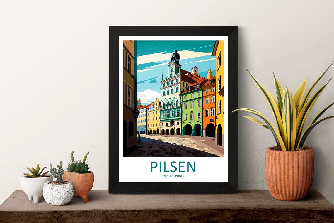 Pilsen Czech Republic Colorful Old Town Square Hall Art Poster - Image 3