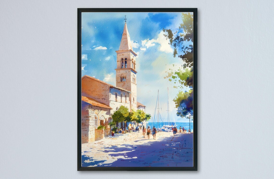 Porec Croatia Bell Tower Seafront Promenade Watercolor Travel Poster