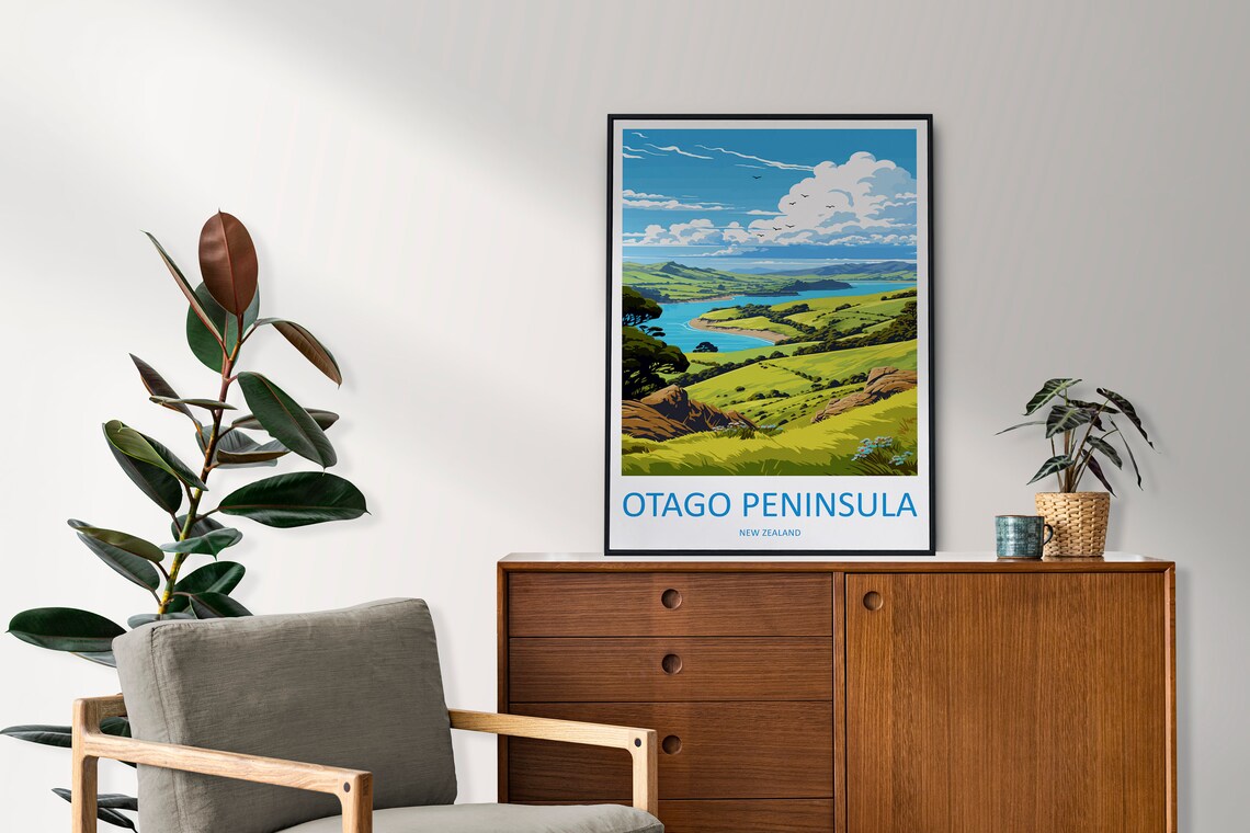 Otago Peninsula New Zealand Coastal Hills Vintage Style Travel Poster - Image 2