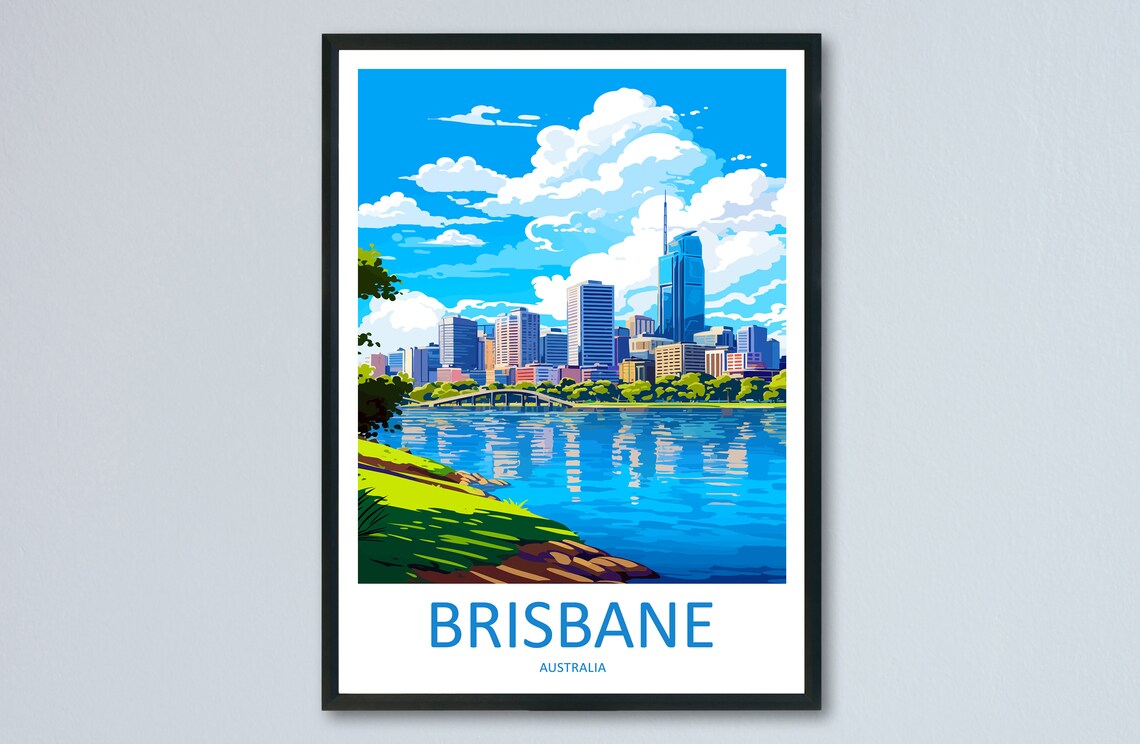Brisbane Australia Skyline Over River Vintage Style Travel Poster