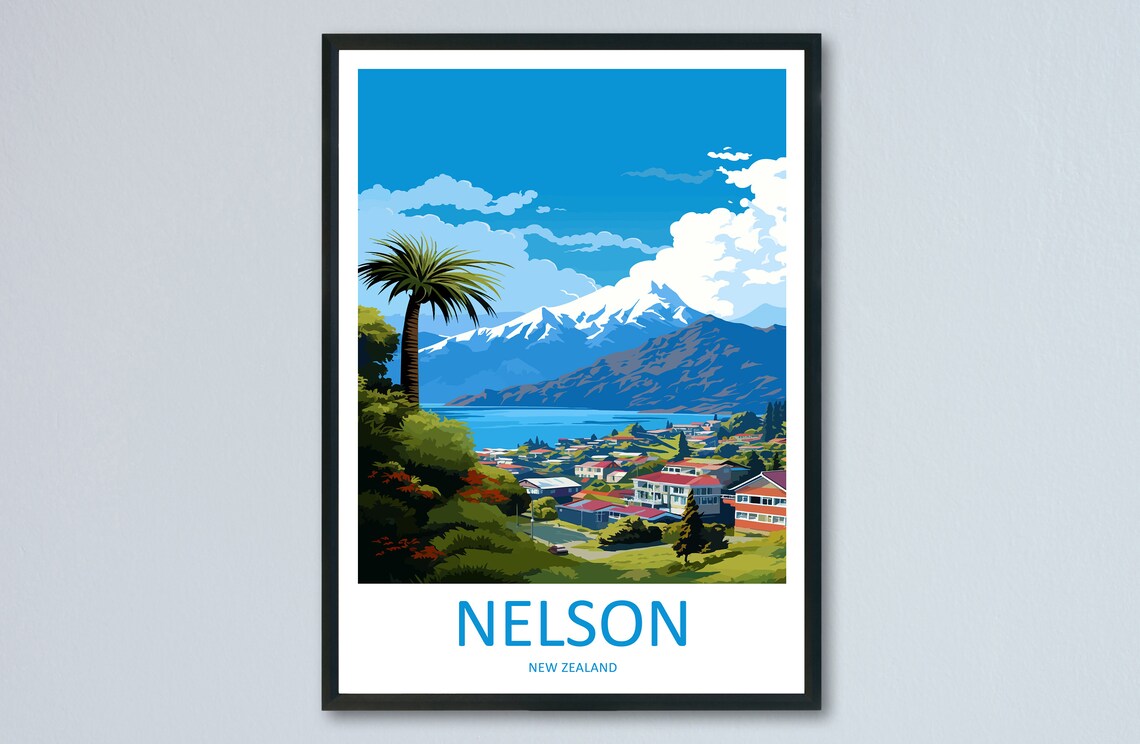 Nelson New Zealand Vintage Travel Mountain Bay Scenic View Art Poster