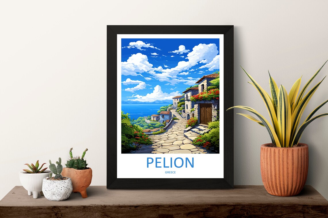 Pelion Greece Vintage Stone Village Street Travel Poster Sea View - Image 3