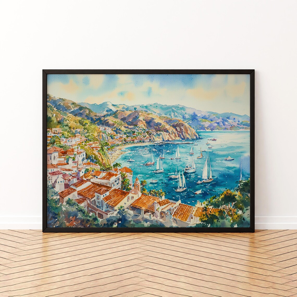 Catalina Island Watercolor Travel Poster, Coastal Town