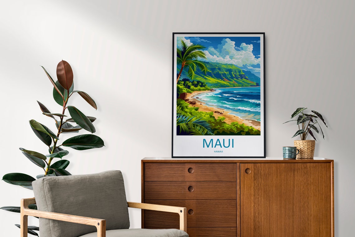 Maui Hawaii Tropical Beach Palm Cove Sunset Waves Travel Poster - Image 2