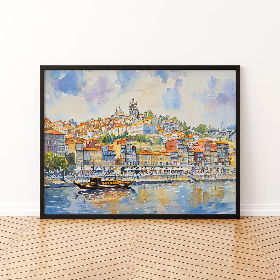 Porto Portugal Watercolor Poster Colorful Riverside Old Town And Wine Boat