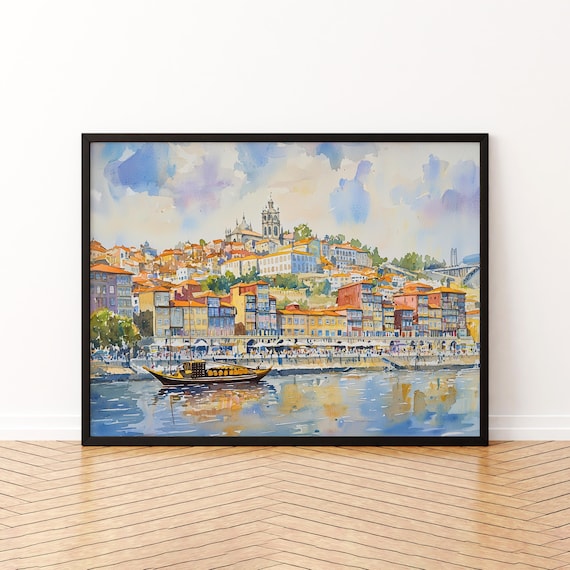 Porto Portugal Watercolor Poster Colorful Riverside Old Town And Wine Boat