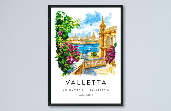 Valletta Malta Watercolor Travel Poster With Harbor And Historic Old Town View