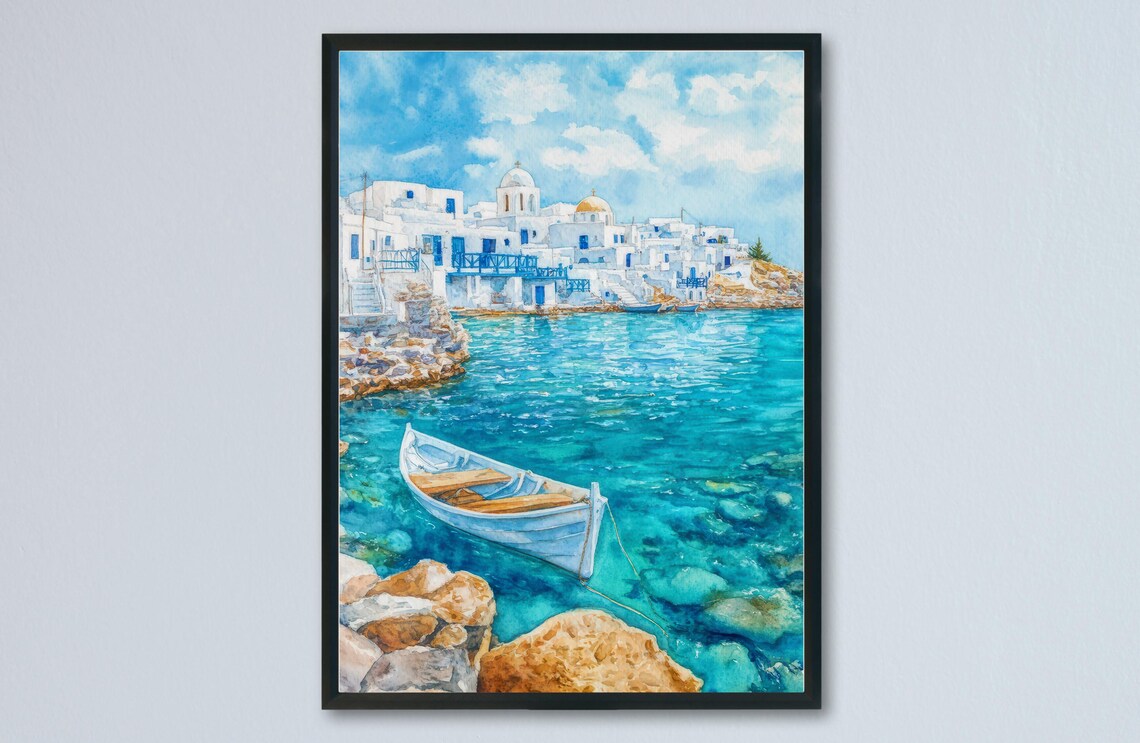 Paros Greece Blue Domed Church White Boat Watercolor Travel Poster